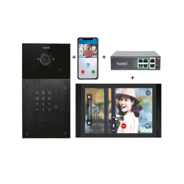 Videokit met codeclavier IP Fasttel, buitenpost + 10" binnenpost + POE switch + 4 licenties APP