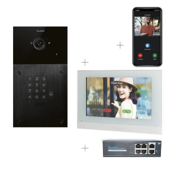 Videokit 2-draads Fasttel, buitenpost 1 knop + codeklavier (216x116 mm) + 7" wifi-binnenpost + POE switch + 4 licenties APP