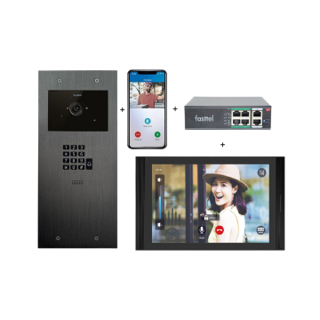 Kit vidéo IP Fasttel avec clavier, poste extérieur + poste intérieur + switch POE + 4 licenses APP