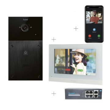 Videokit 2-draads Fasttel, buitenpost 1 knop (216x116 mm) + 7" wifi-binnenpost + POE switch + 4 licenties APP