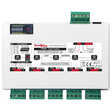 Adresseerbare input module. Vijf overwaakte inputs. DIN rail laag profiel