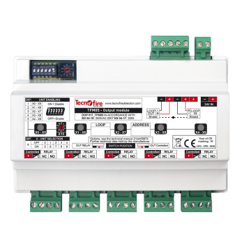 Adresseerbare input module. Vijf overwaakte outputs. DIN rail hoog profiel