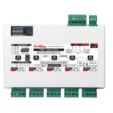 Adresseerbare input module. Vijf overwaakte outputs. DIN rail laag profiel