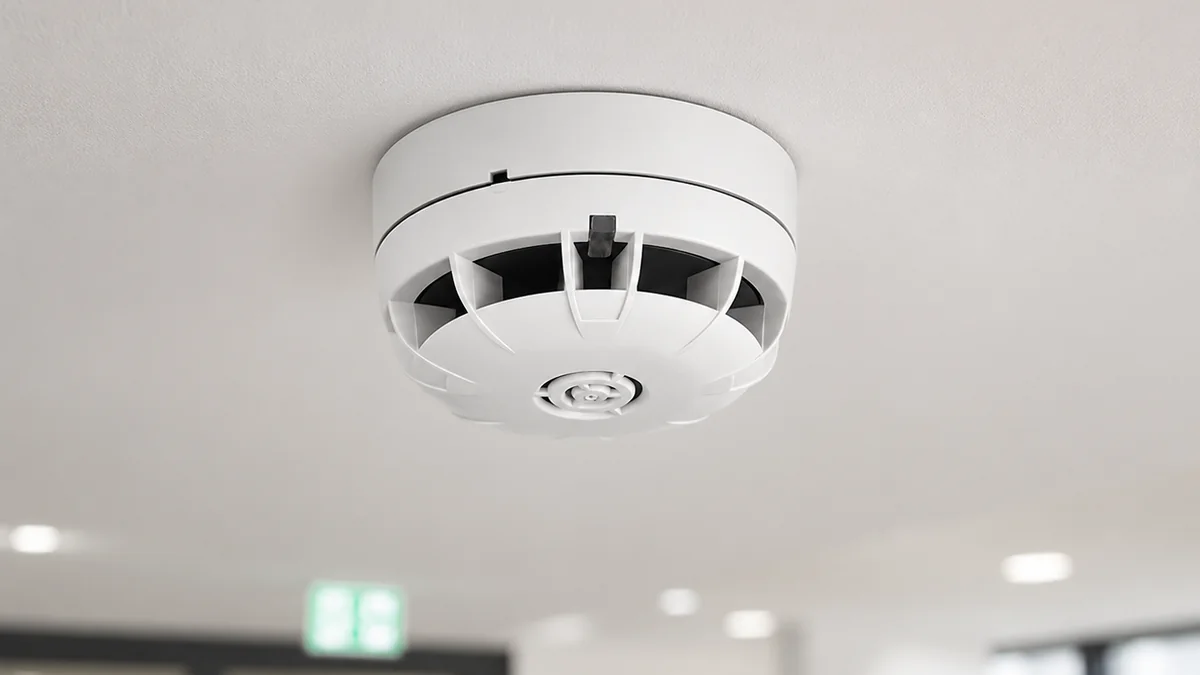Branddetector gemonteerd aan het plafond van een gebouw