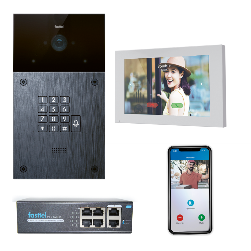 Videokit met codeclavier IP Fasttel, buitenpost + binnenpost + POE switch + 4 licenties APP