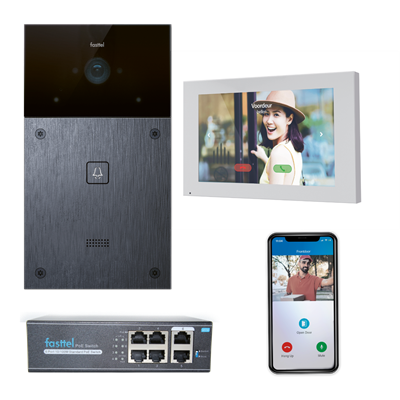 Videokit IP Fasttel, buitenpost + binnenpost + POE switch + 4 licenties APP