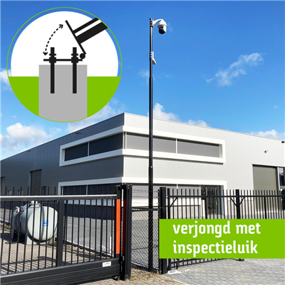 Kantelbare aluminium cameramast verjongd 114-90-76mm,  4,5 meter boven maaiveld met inspectieluik